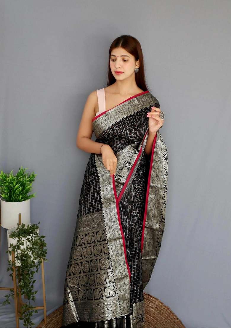 Black Silk Blend Saree Set with Zari Work for Diwali | Wedding & Festive Wear - Indya