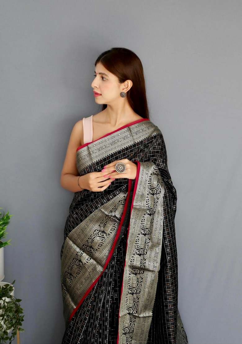 Black Silk Blend Saree Set with Zari Work for Diwali | Wedding & Festive Wear - Indya