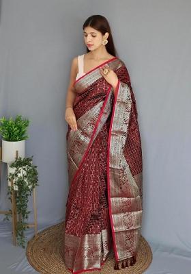 Maroon Zari Work Silk Blend Saree Set