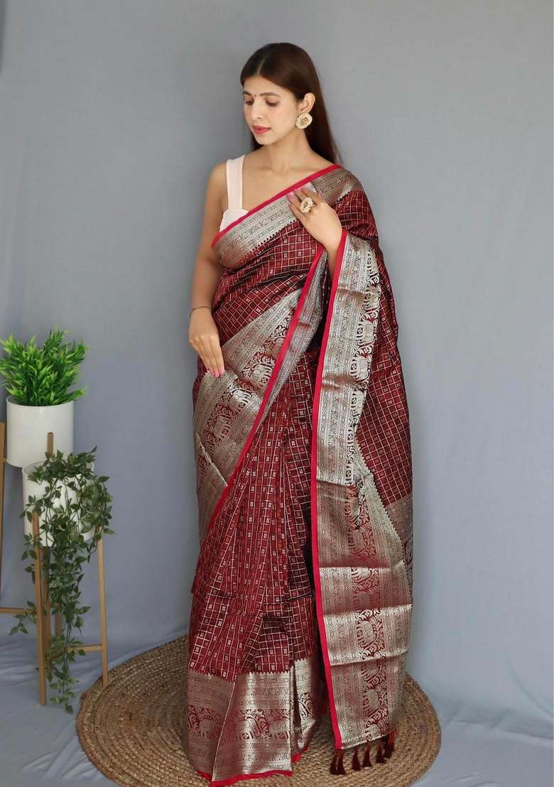 Maroon Zari Work Silk Blend Saree Set for Diwali and Festive Wear - Indya
