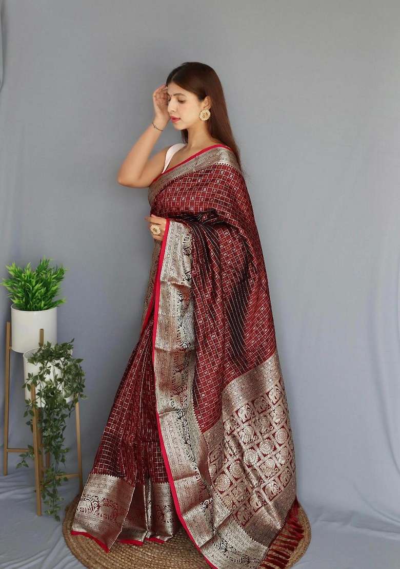 Maroon Zari Work Silk Blend Saree Set for Diwali and Festive Wear - Indya