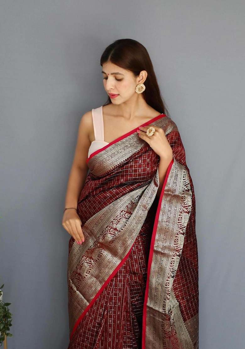 Maroon Zari Work Silk Blend Saree Set for Diwali and Festive Wear - Indya