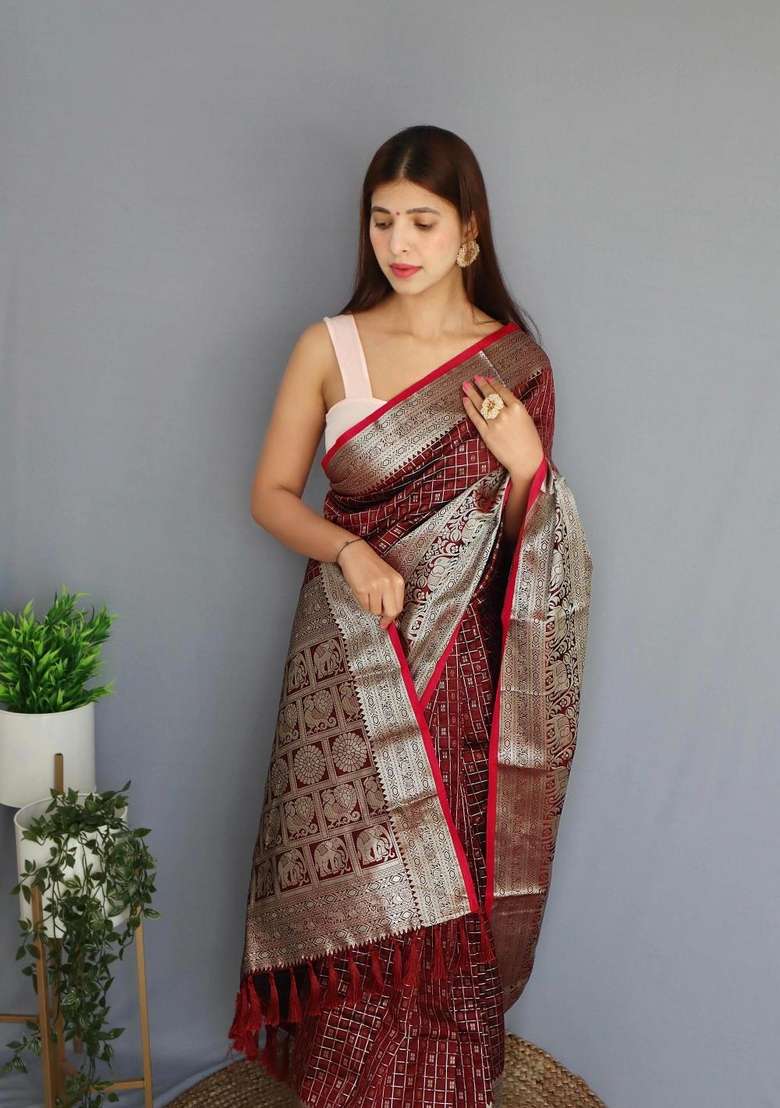 Maroon Zari Work Silk Blend Saree Set for Diwali and Festive Wear - Indya