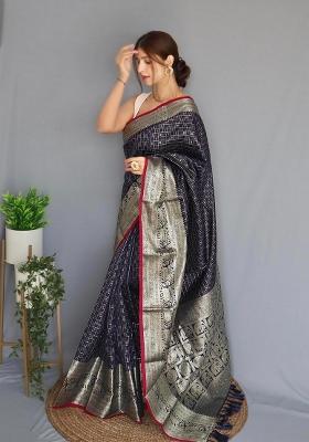 Navy Blue Zari Work Silk Blend Saree Set