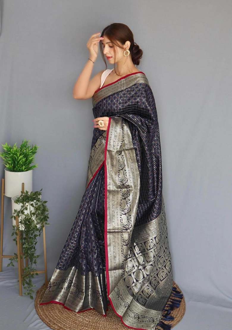 Navy Blue Silk Blend Saree Set with Zari Work for Diwali | Wedding & Festive Wear - Indya