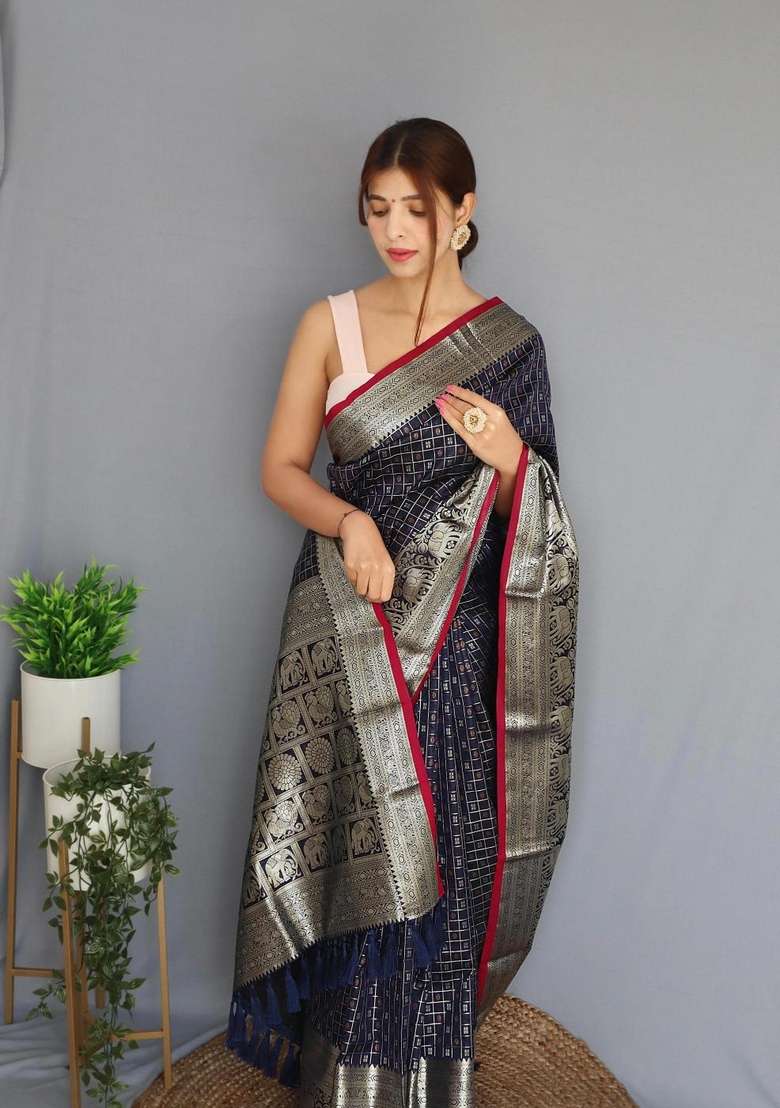 Navy Blue Silk Blend Saree Set with Zari Work for Diwali | Wedding & Festive Wear - Indya