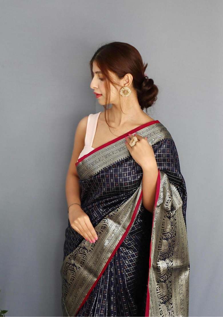 Navy Blue Silk Blend Saree Set with Zari Work for Diwali | Wedding & Festive Wear - Indya