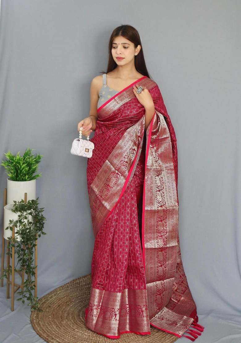 Pink Zari Work Silk Blend Saree Set for Diwali and Festive Wear - Indya