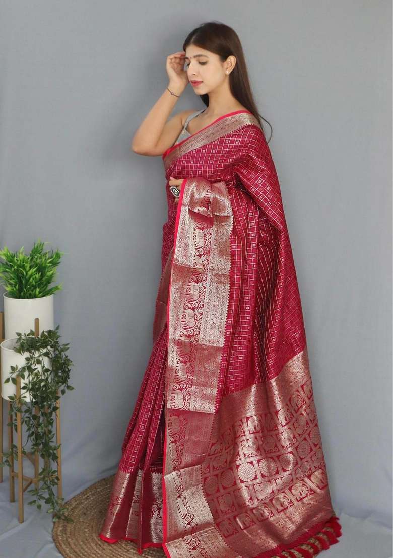 Pink Zari Work Silk Blend Saree Set for Diwali and Festive Wear - Indya