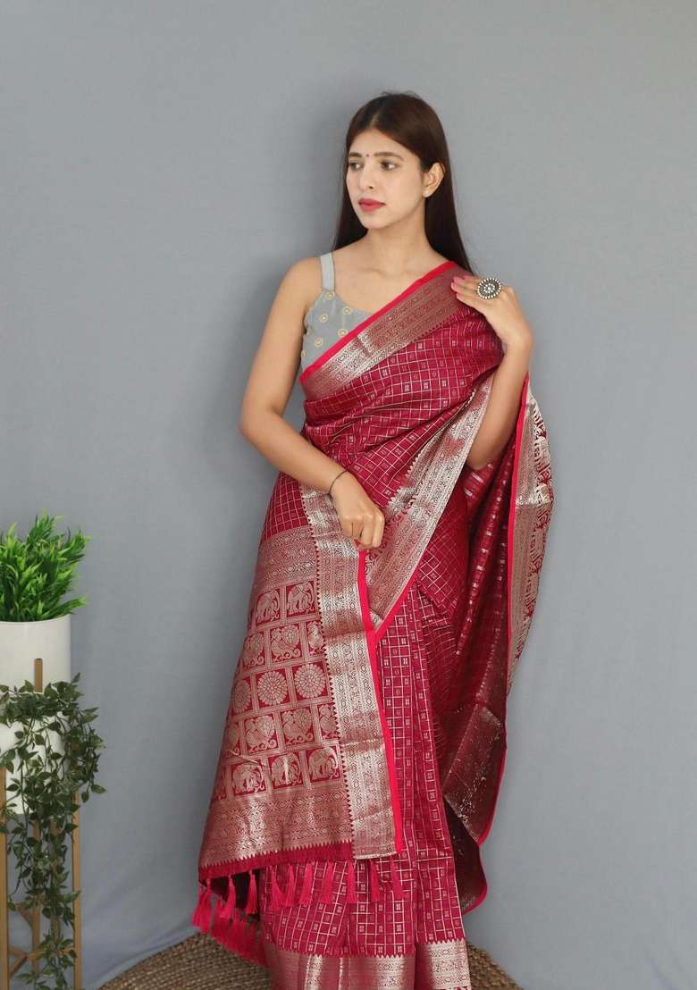 Pink Zari Work Silk Blend Saree Set for Diwali and Festive Wear - Indya
