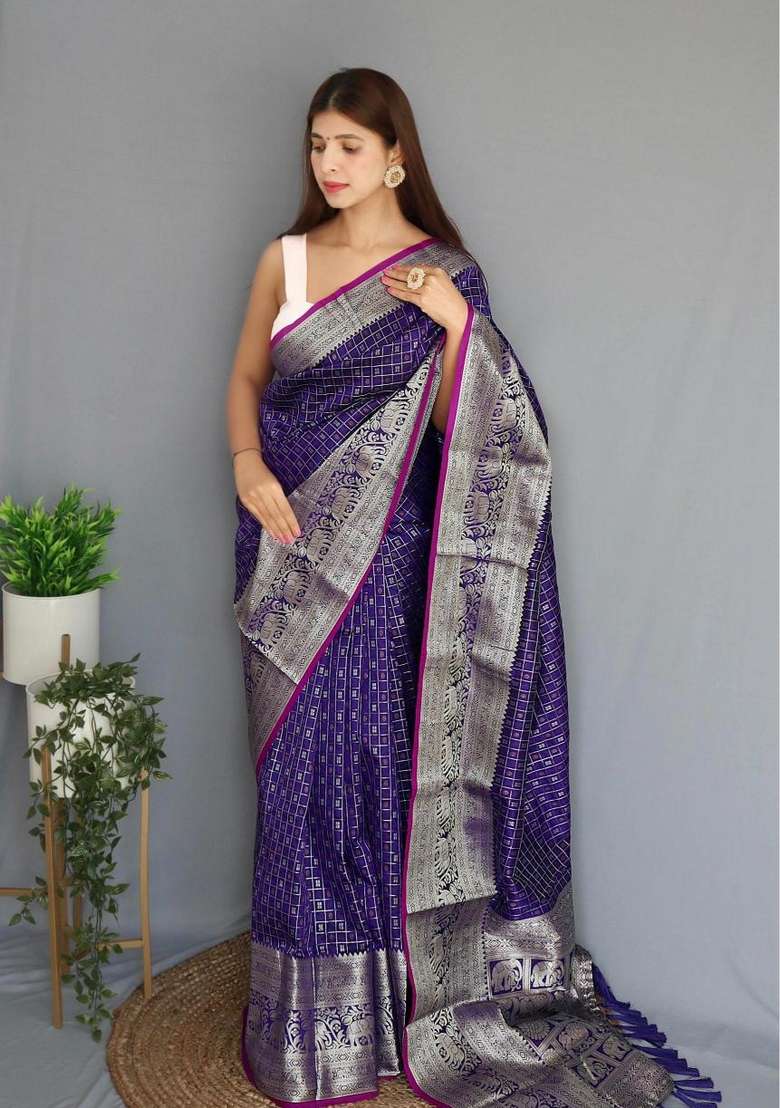 Purple Zari Work Silk Blend Saree Set for Diwali and Festive Wear - Indya