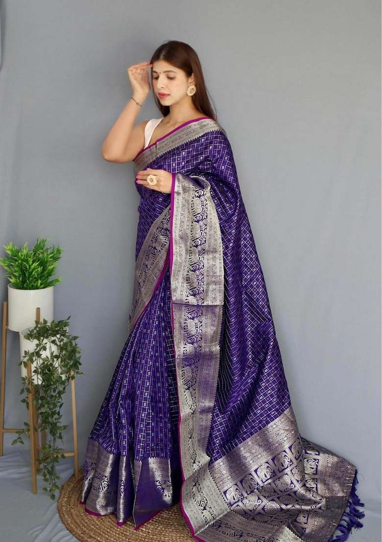 Purple Zari Work Silk Blend Saree Set for Diwali and Festive Wear - Indya