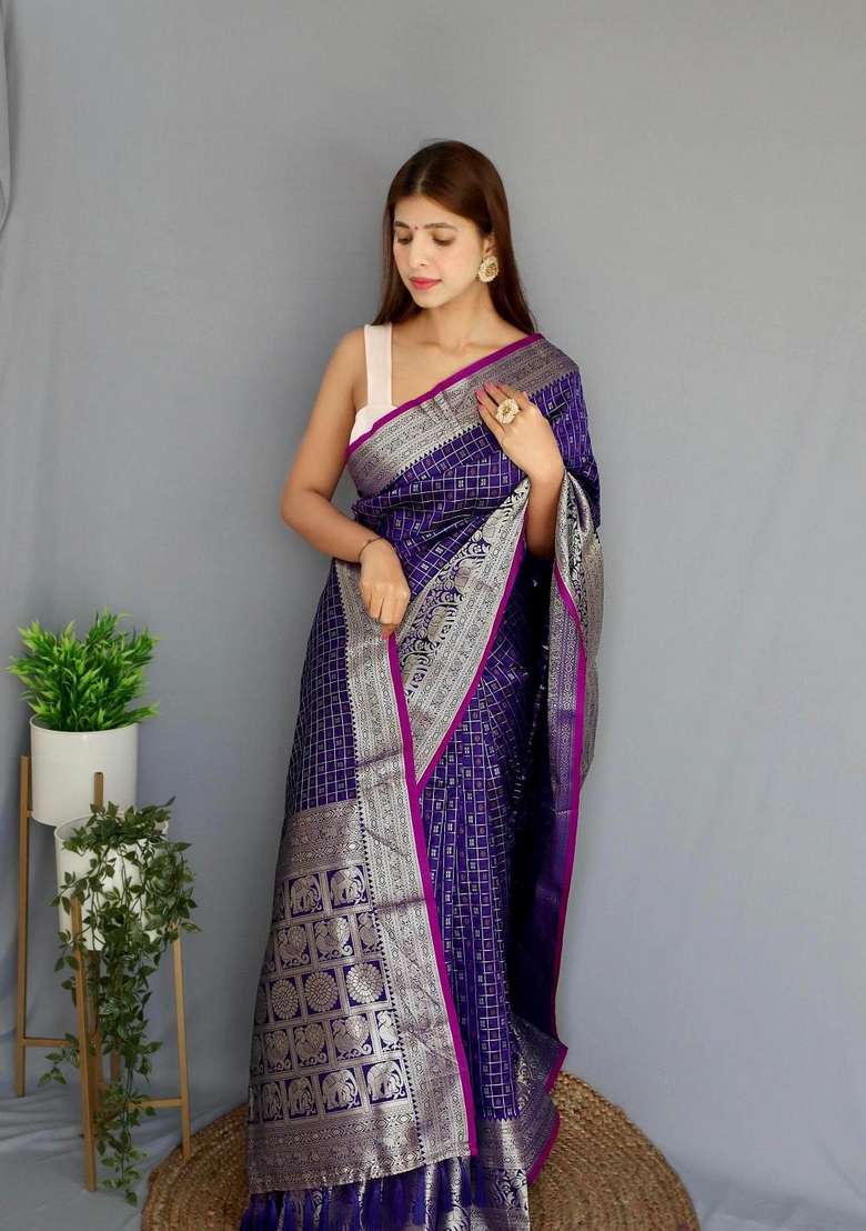 Purple Zari Work Silk Blend Saree Set for Diwali and Festive Wear - Indya