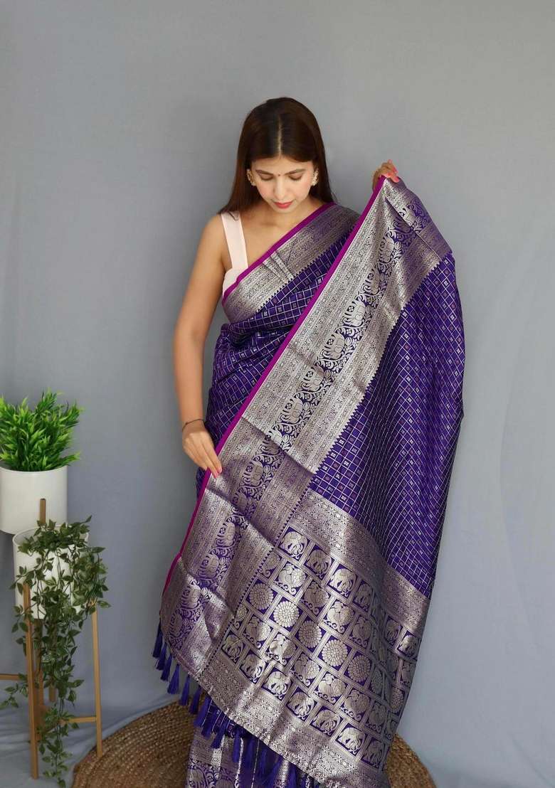 Purple Zari Work Silk Blend Saree Set for Diwali and Festive Wear - Indya