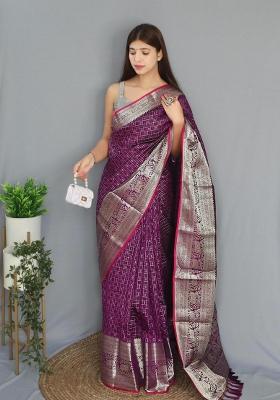 Wine Zari Work Silk Blend Saree Set