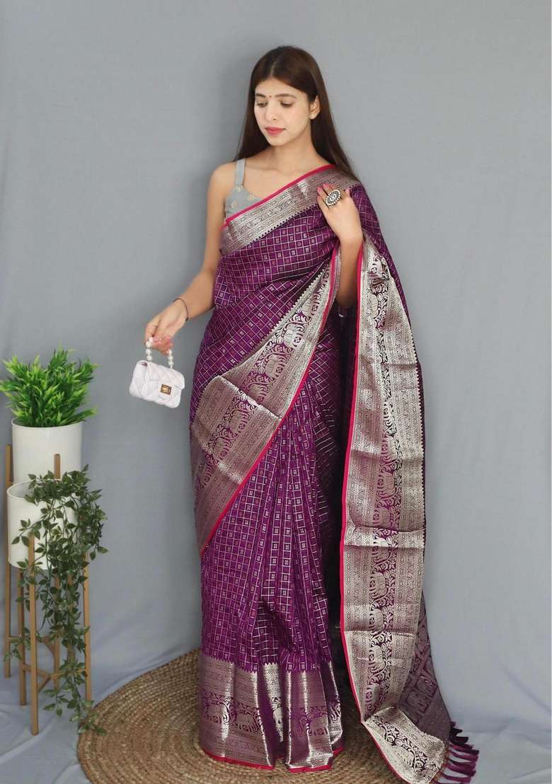 Wine Silk Blend Saree Set with Zari Work for Diwali | Wedding & Festive Wear - Indya