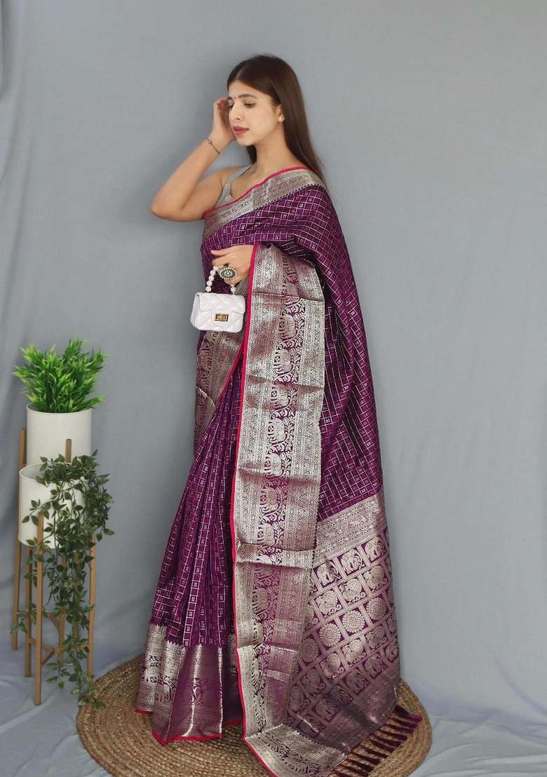 Wine Silk Blend Saree Set with Zari Work for Diwali | Wedding & Festive Wear - Indya