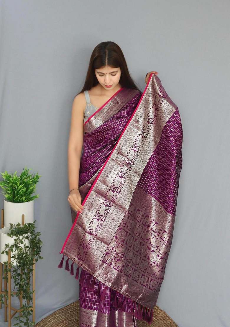Wine Silk Blend Saree Set with Zari Work for Diwali | Wedding & Festive Wear - Indya