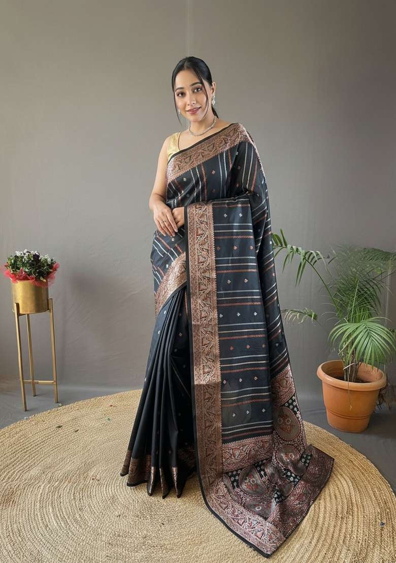 Black Zari Work Silk Blend Saree Set for Diwali and Festive Wear - Indya