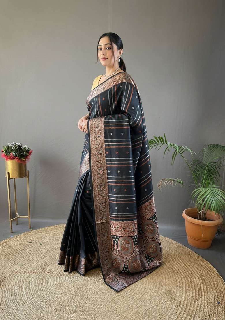 Black Zari Work Silk Blend Saree Set for Diwali and Festive Wear - Indya