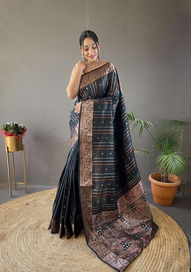 Black Zari Work Silk Blend Saree Set for Diwali and Festive Wear - Indya