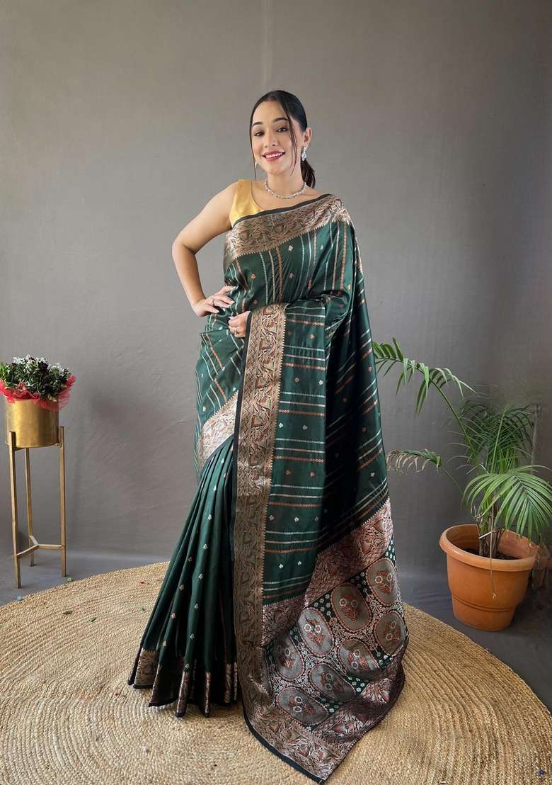 Green Zari Work Silk Blend Saree Set for Diwali and Festive Wear - Indya