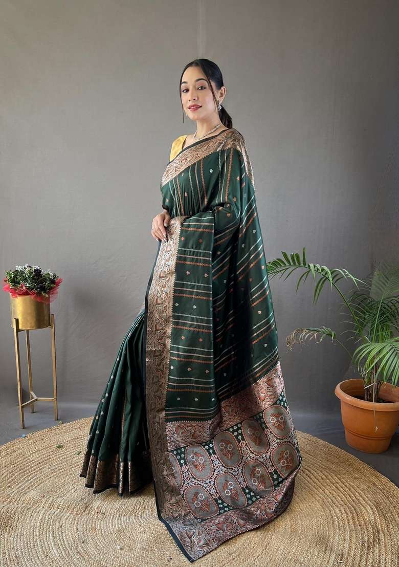 Green Zari Work Silk Blend Saree Set for Diwali and Festive Wear - Indya