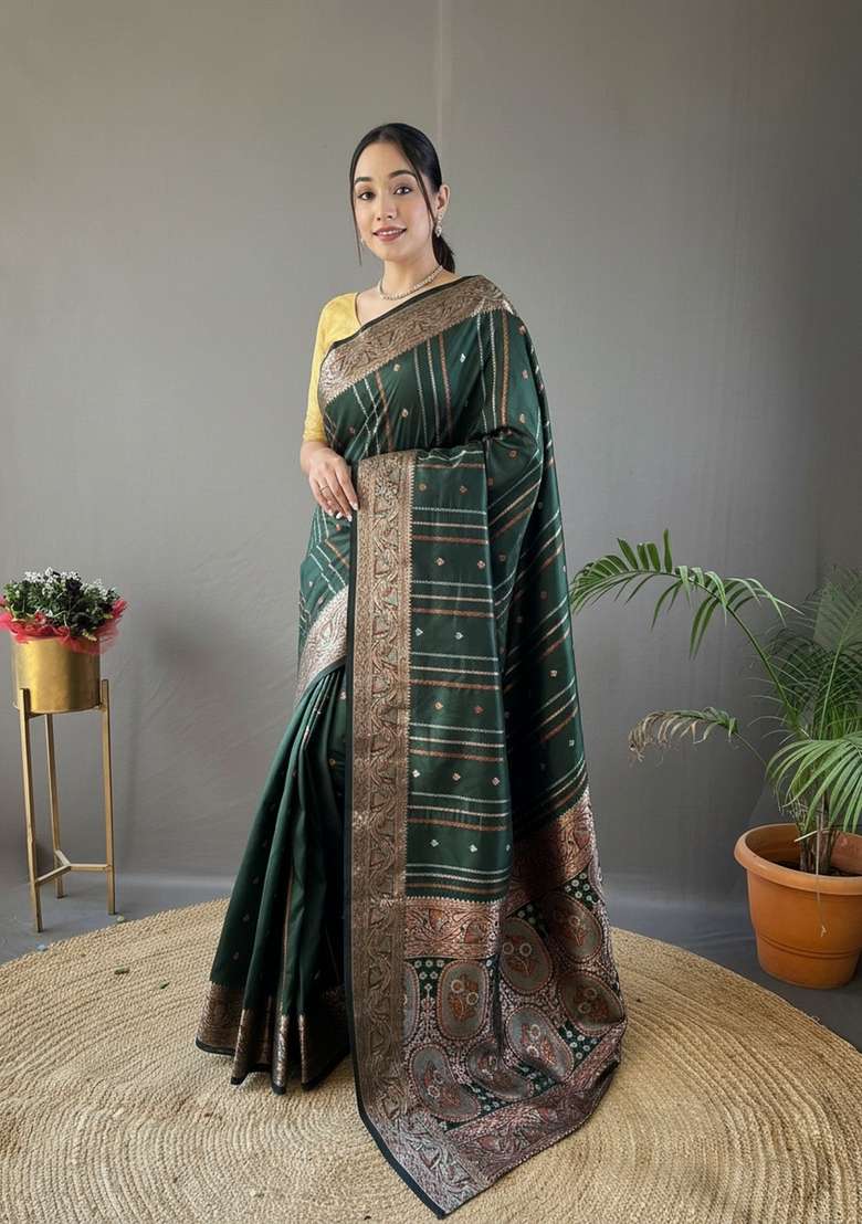 Green Zari Work Silk Blend Saree Set for Diwali and Festive Wear - Indya