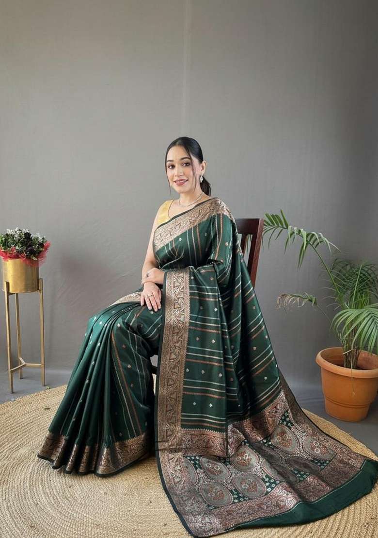 Green Zari Work Silk Blend Saree Set for Diwali and Festive Wear - Indya