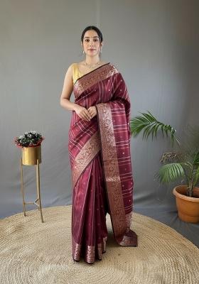 Maroon Zari Work Silk Blend Saree Set