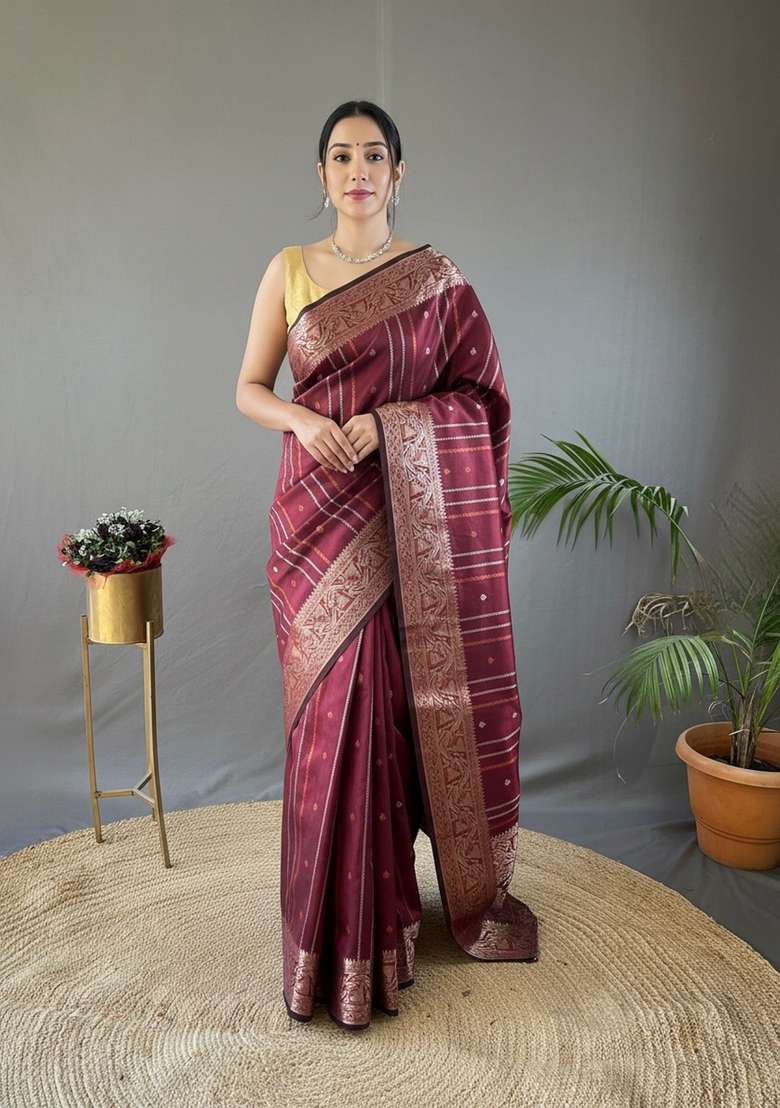 Maroon Silk Blend Saree Set with Zari Work for Diwali | Wedding & Festive Wear - Indya
