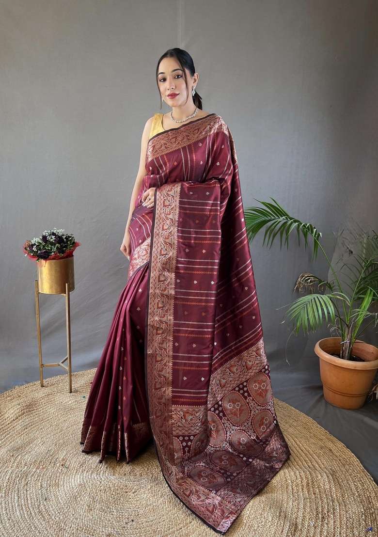 Maroon Silk Blend Saree Set with Zari Work for Diwali | Wedding & Festive Wear - Indya