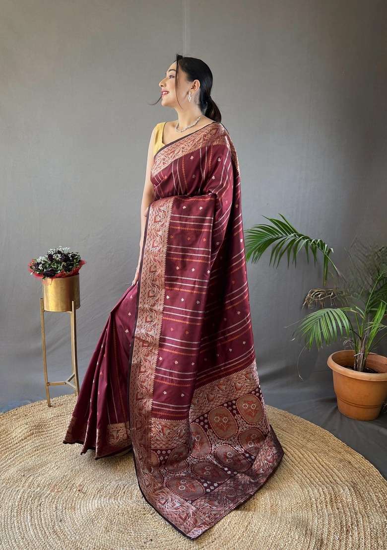 Maroon Silk Blend Saree Set with Zari Work for Diwali | Wedding & Festive Wear - Indya