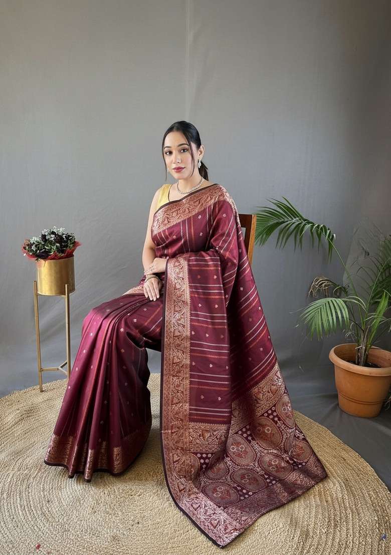 Maroon Silk Blend Saree Set with Zari Work for Diwali | Wedding & Festive Wear - Indya