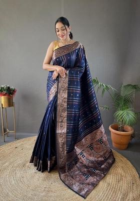 Navy Blue Zari Work Silk Blend Saree Set
