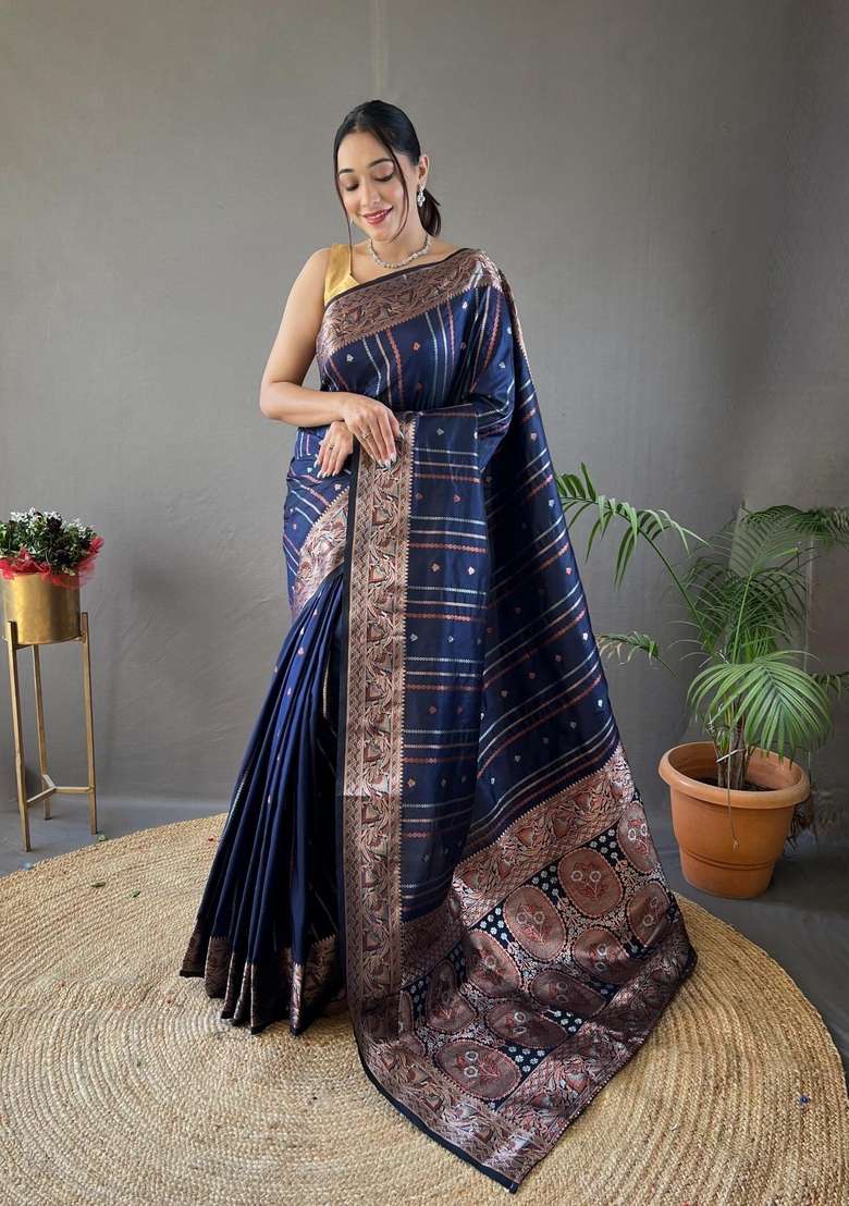 Navy Blue Zari Work Silk Blend Saree Set for Diwali and Festive Wear - Indya