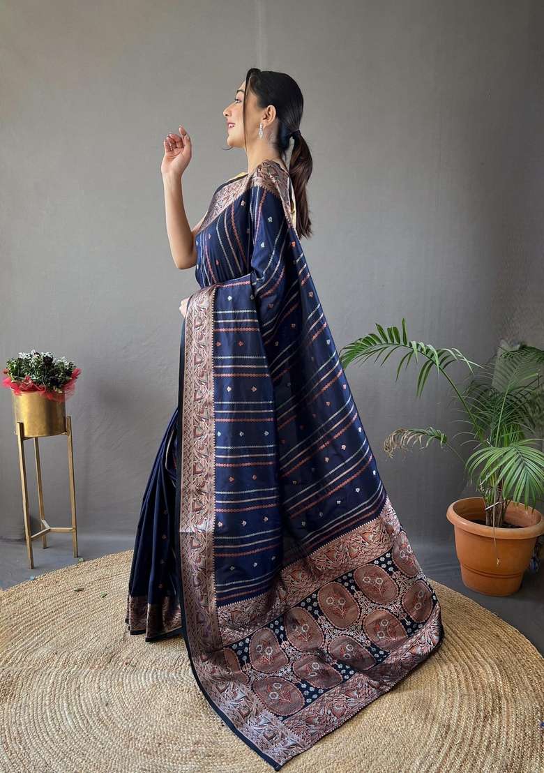 Navy Blue Zari Work Silk Blend Saree Set for Diwali and Festive Wear - Indya