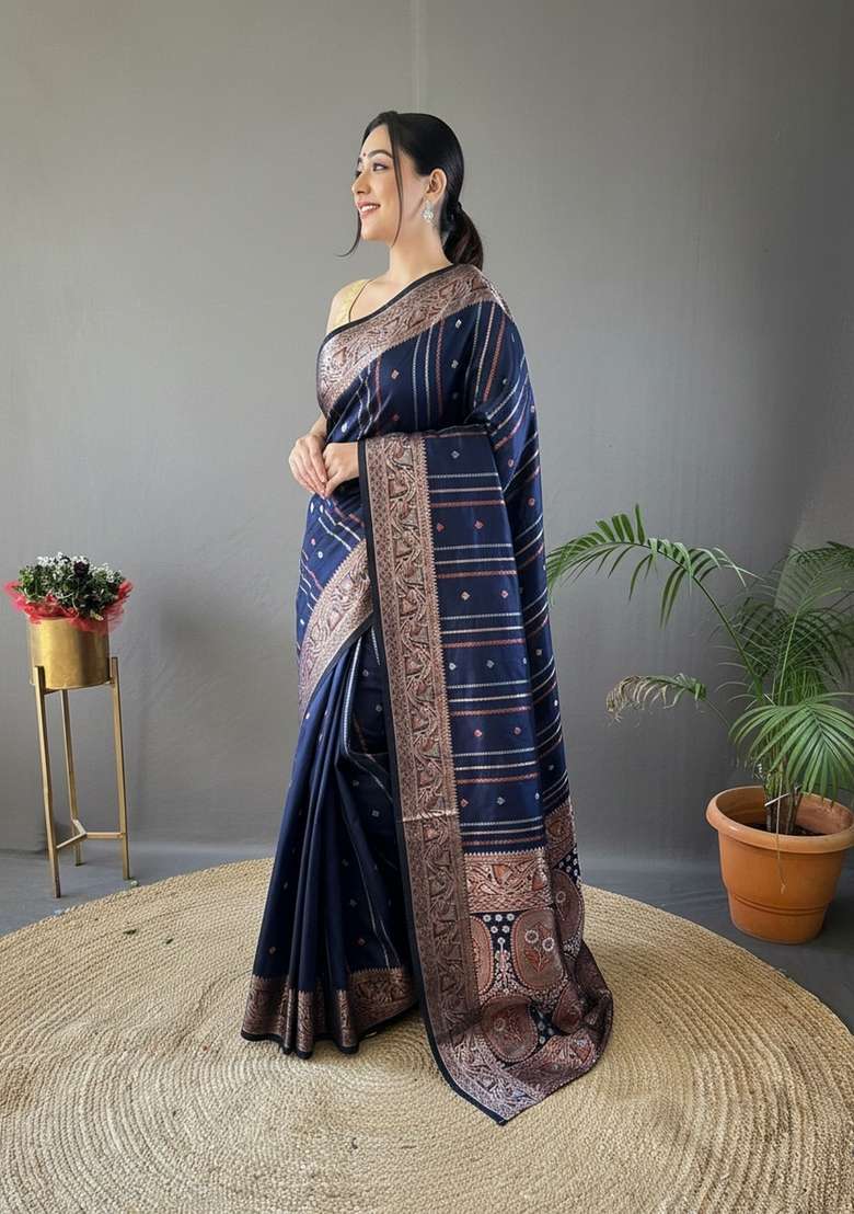 Navy Blue Zari Work Silk Blend Saree Set for Diwali and Festive Wear - Indya