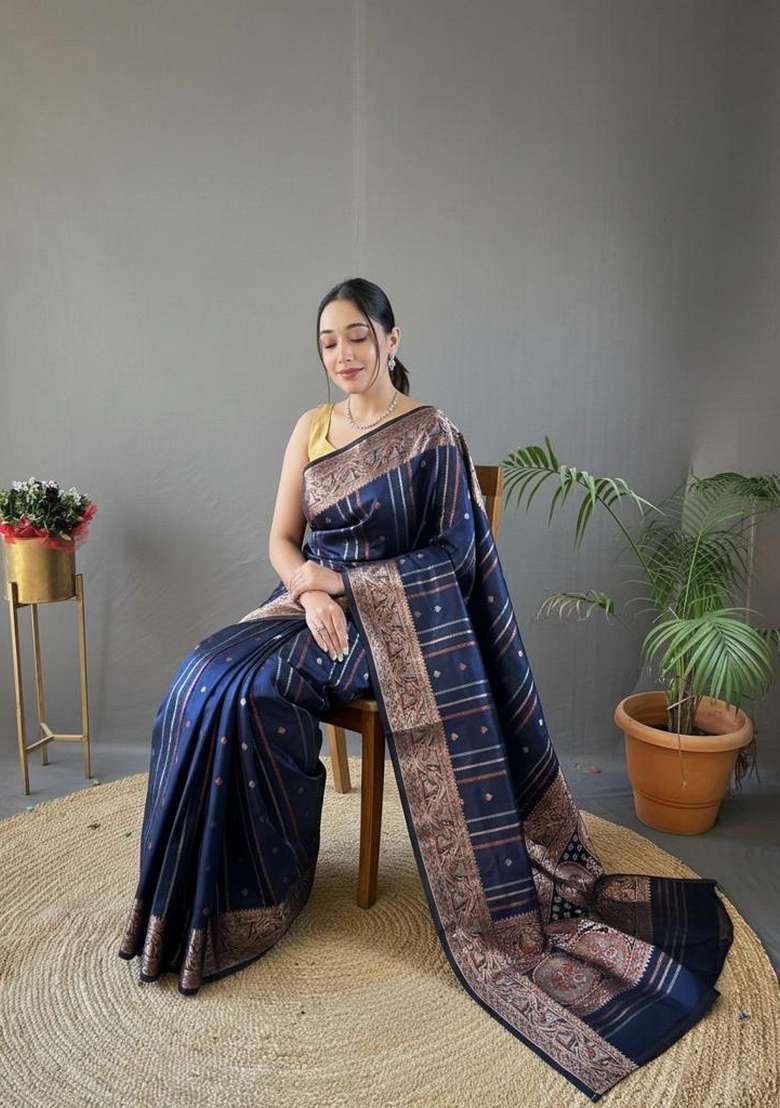 Navy Blue Zari Work Silk Blend Saree Set for Diwali and Festive Wear - Indya