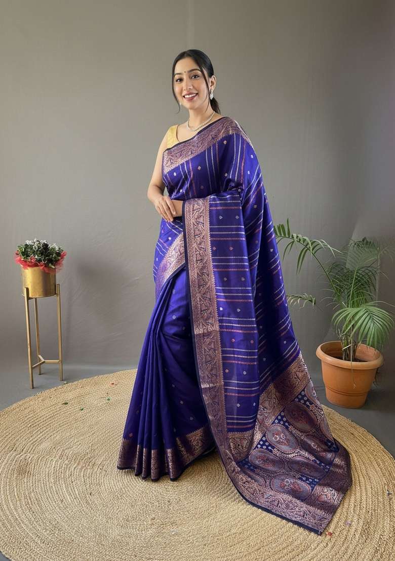 Purple Zari Work Silk Blend Saree Set for Diwali and Festive Wear - Indya