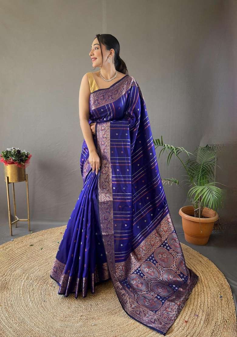 Purple Zari Work Silk Blend Saree Set for Diwali and Festive Wear - Indya