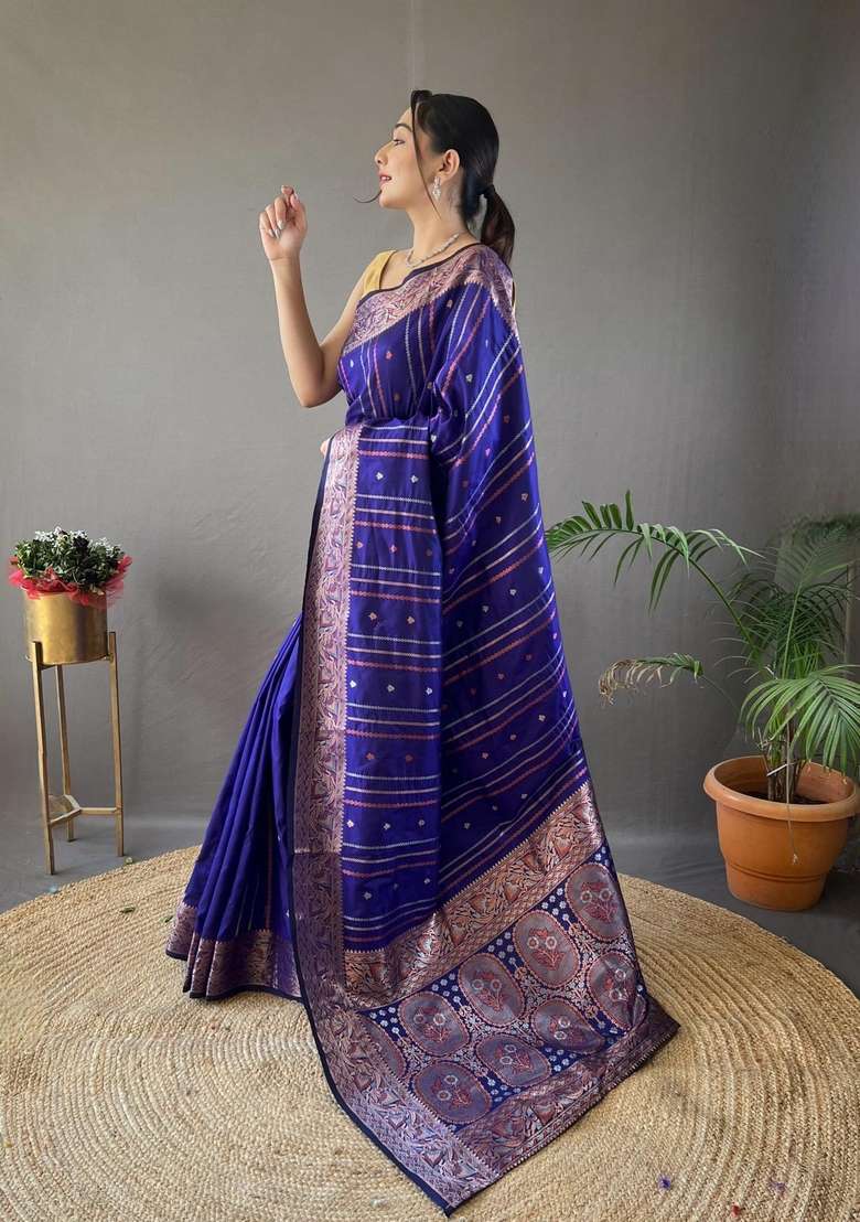 Purple Zari Work Silk Blend Saree Set for Diwali and Festive Wear - Indya