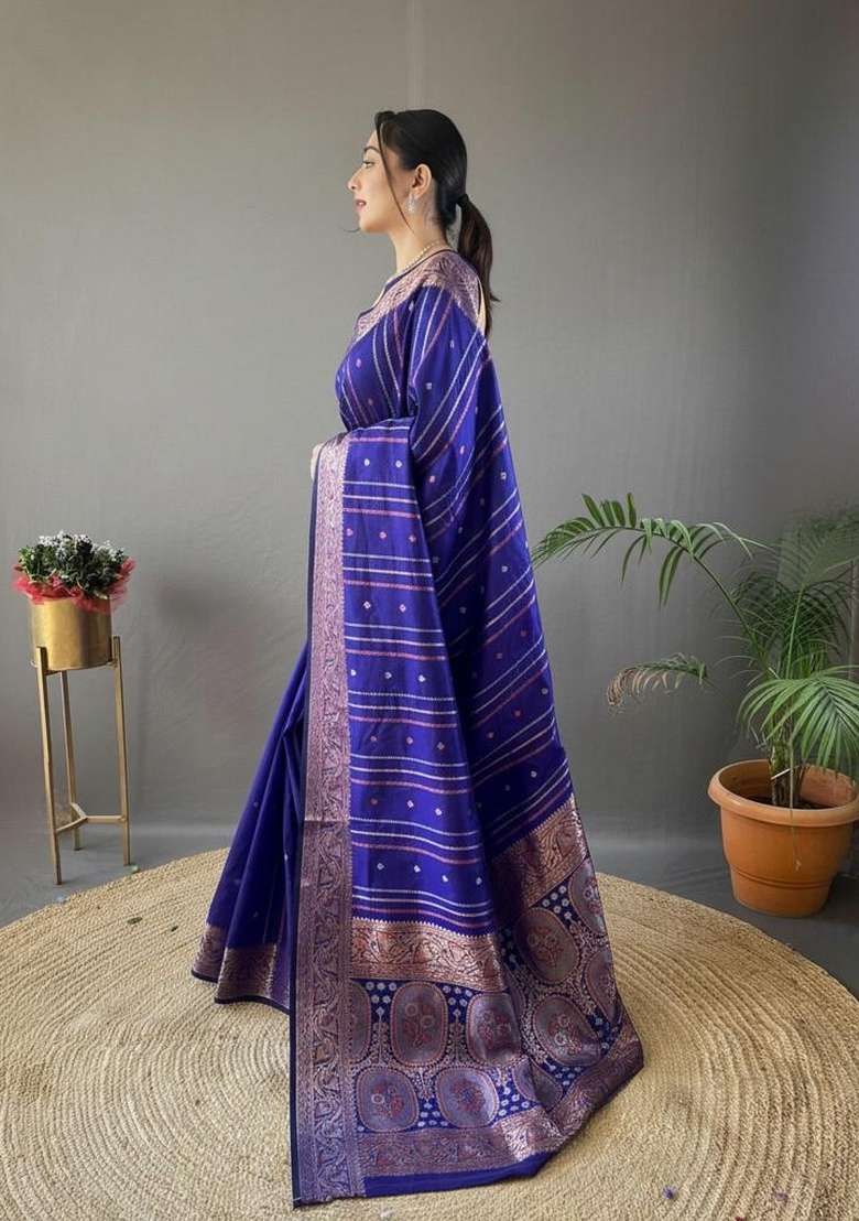 Purple Zari Work Silk Blend Saree Set for Diwali and Festive Wear - Indya