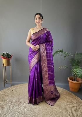 Wine Zari Work Silk Blend Saree Set