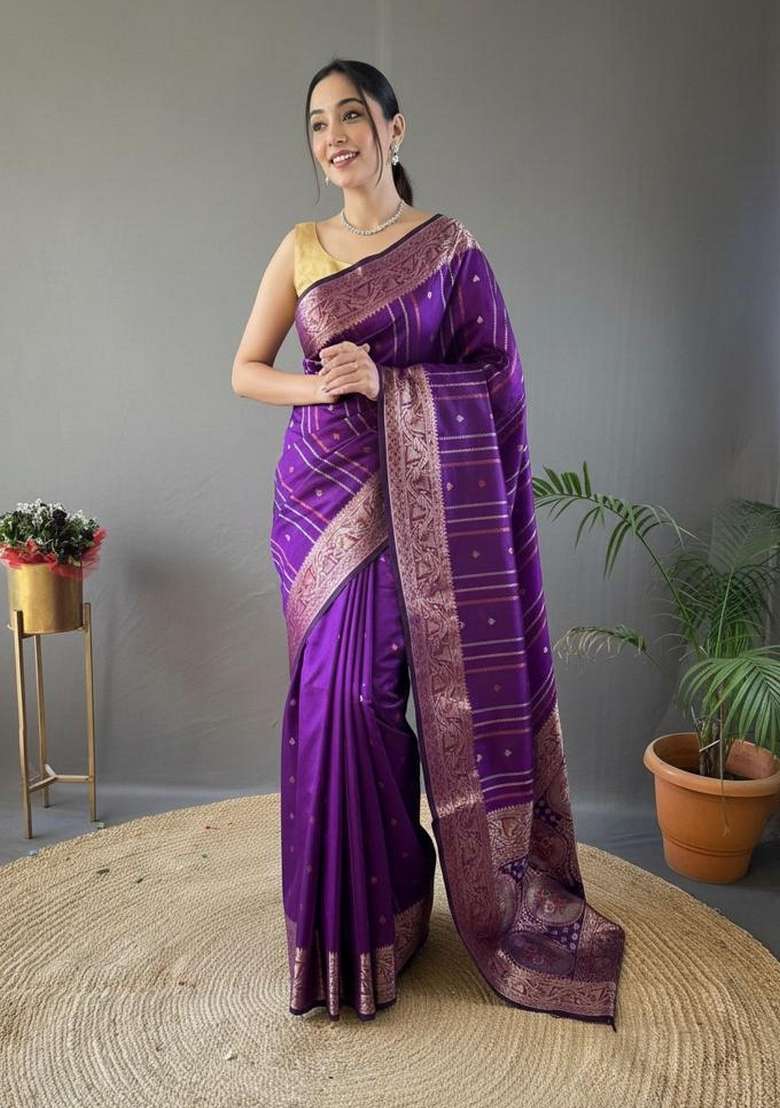 Wine Zari Work Silk Blend Saree Set for Diwali and Festive Wear - Indya