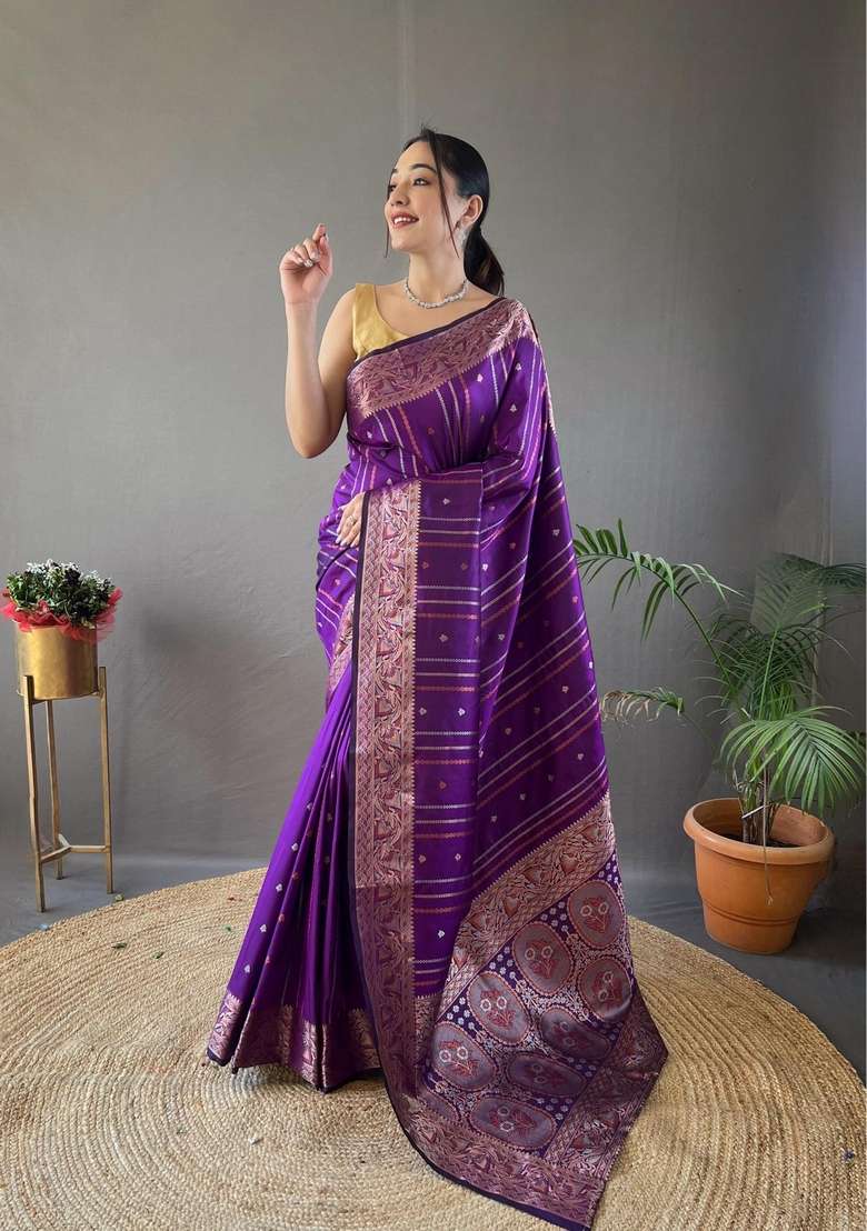 Wine Zari Work Silk Blend Saree Set for Diwali and Festive Wear - Indya