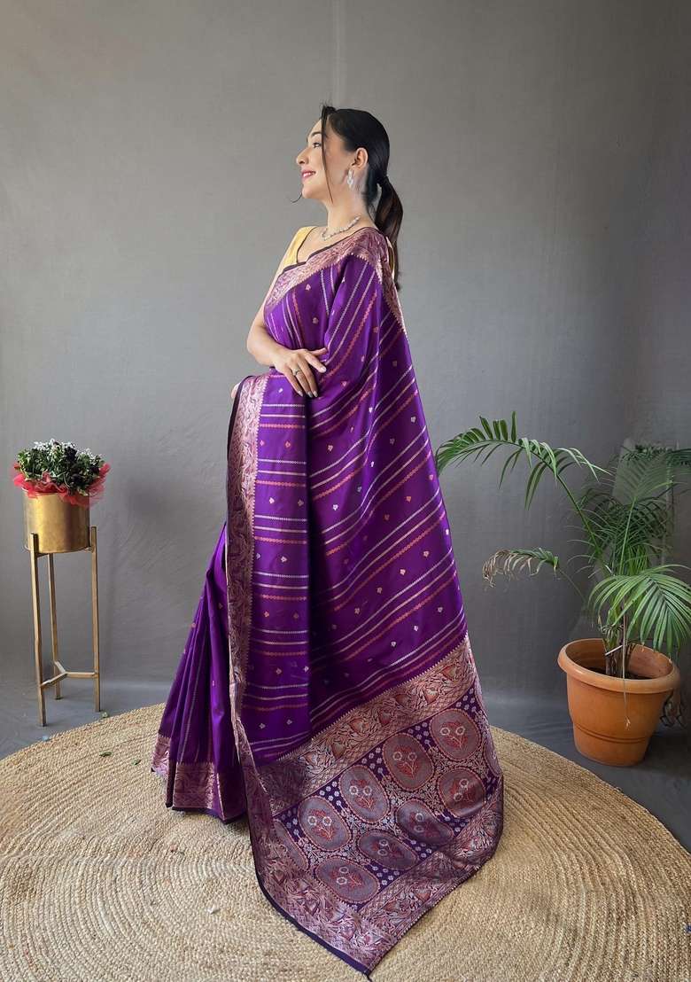Wine Zari Work Silk Blend Saree Set for Diwali and Festive Wear - Indya
