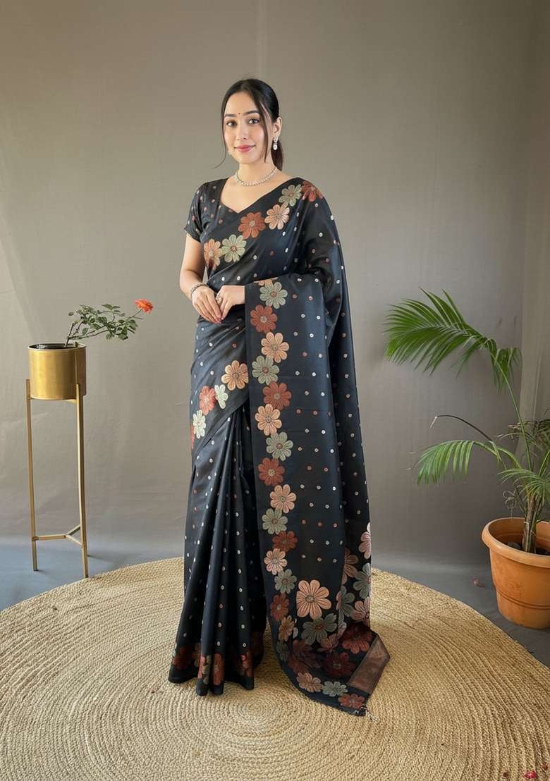 Black Zari Work Silk Blend Saree Set for Diwali and Festive Wear - Indya