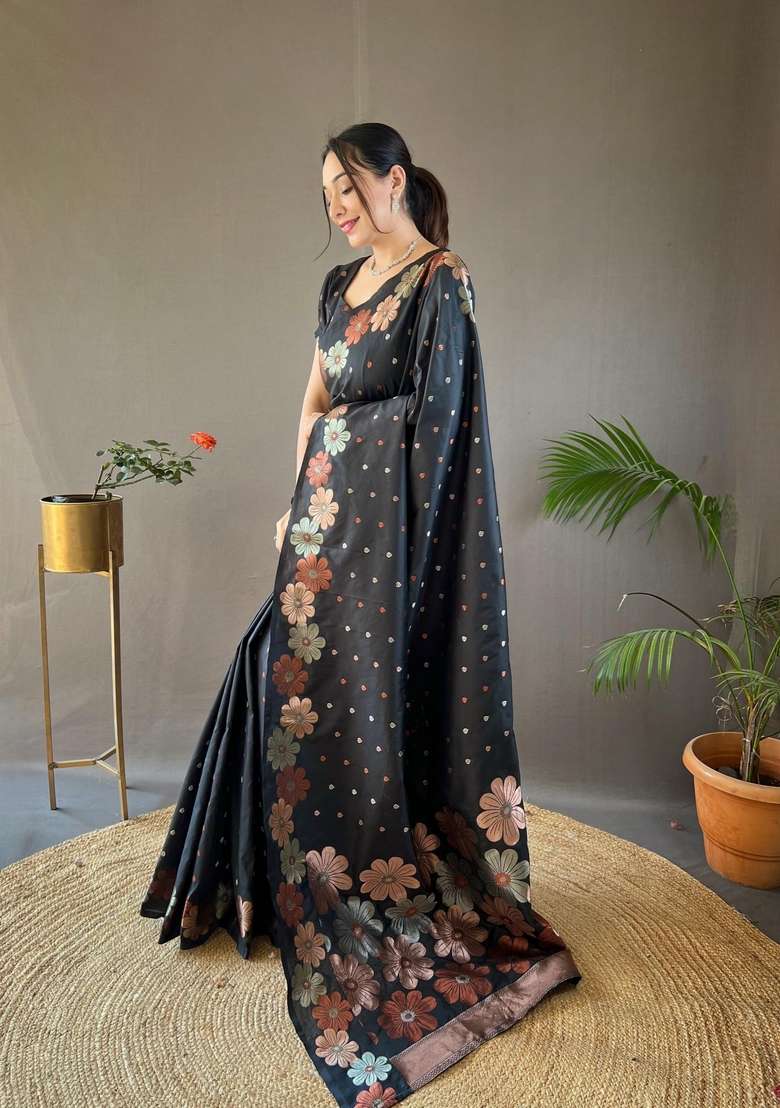 Black Zari Work Silk Blend Saree Set for Diwali and Festive Wear - Indya