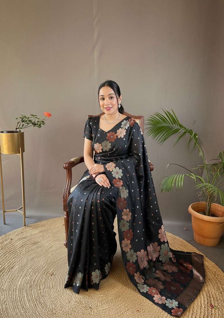 Black Zari Work Silk Blend Saree Set for Diwali and Festive Wear - Indya